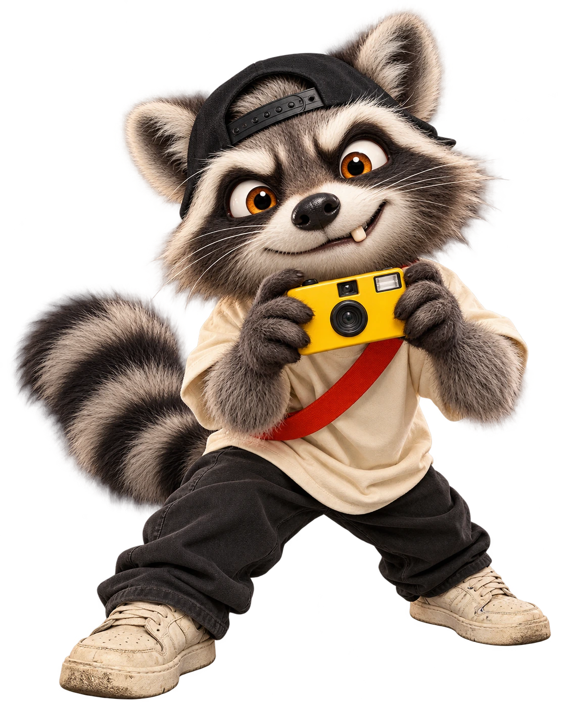 Raccoon in a backwards black cap and cream tee, crouched low with a yellow disposable camera on a red strap